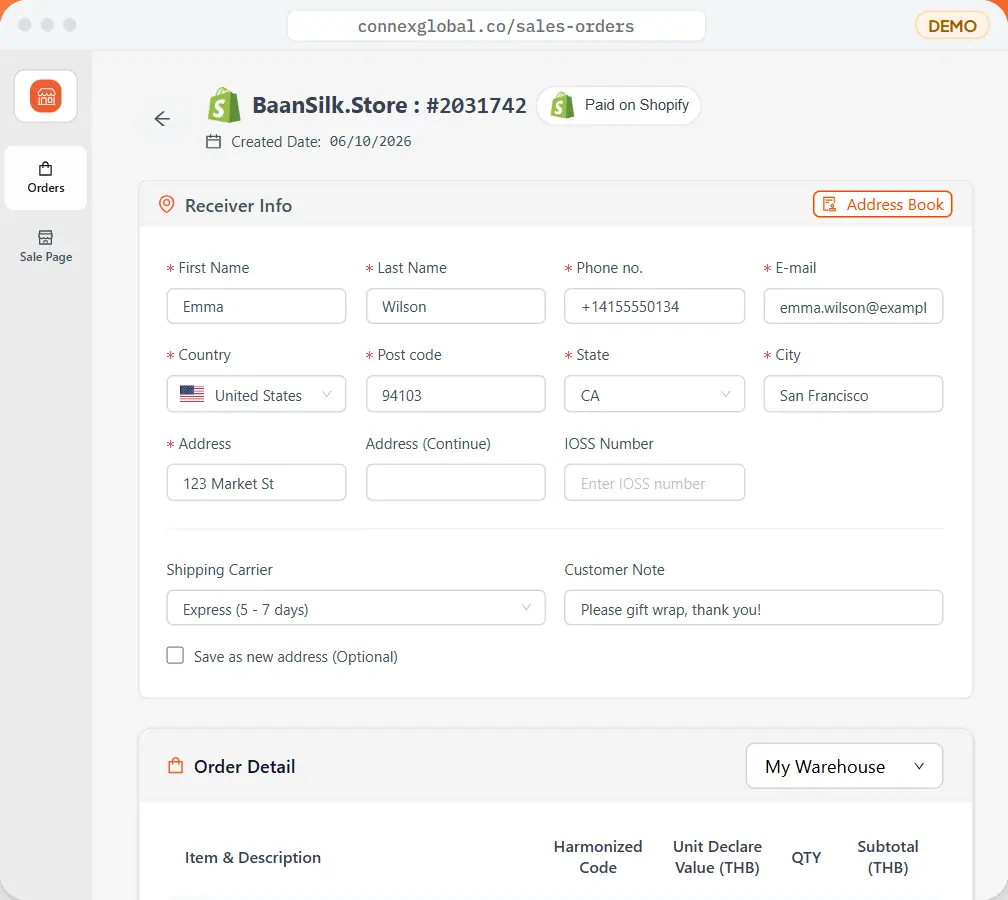 Open an order — The receiver, the items and the customs data arrive already filled in.