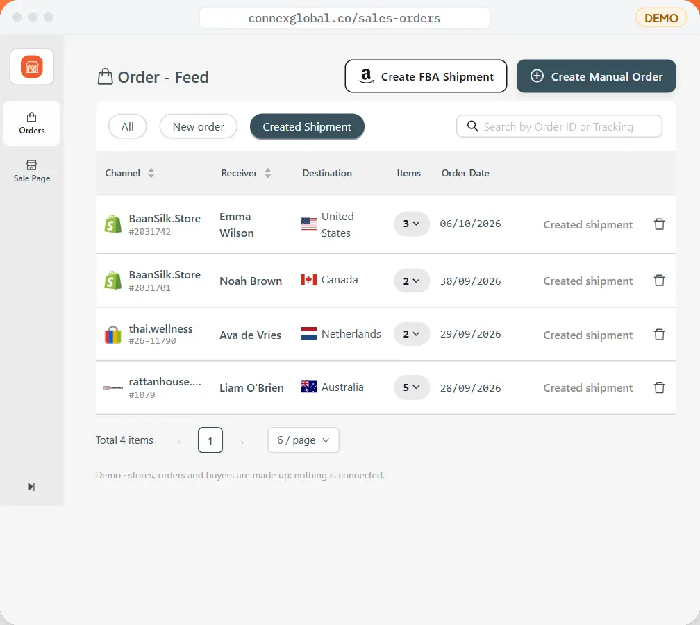 Shipment created — The order moves to Created Shipment, with its tracking number.
