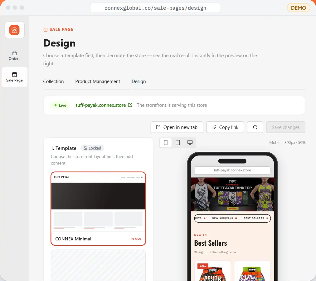 Design the storefront — Choose a template and watch the mobile preview update as you go.