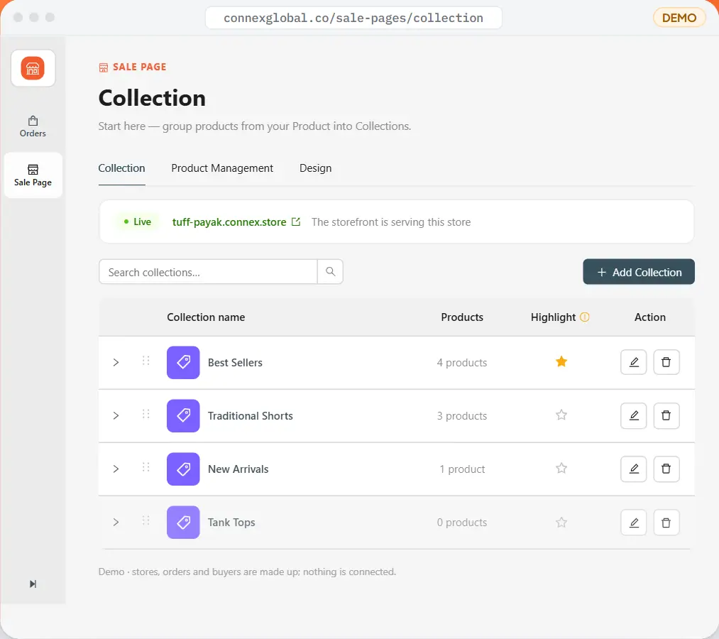 Collections — Group your products into collections and highlight the best sellers.