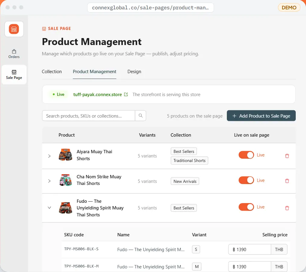 Products — Choose what goes live on your page, with prices and variants for each SKU.