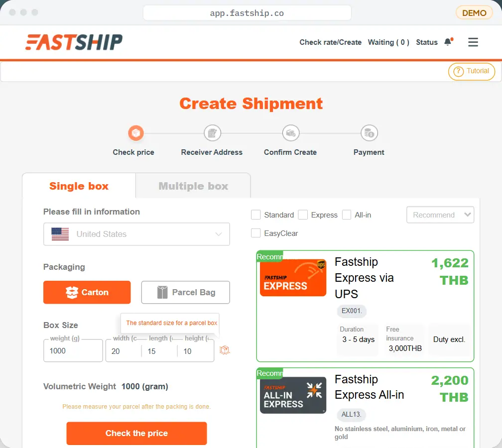 Check the price — Pick the country and the parcel size; live rates from every carrier appear side by side.