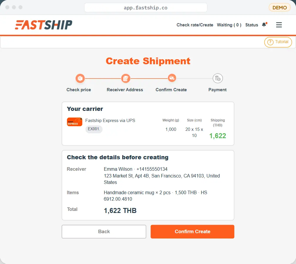 Confirm — The carrier, the receiver and the total, checked once more before anything is created.