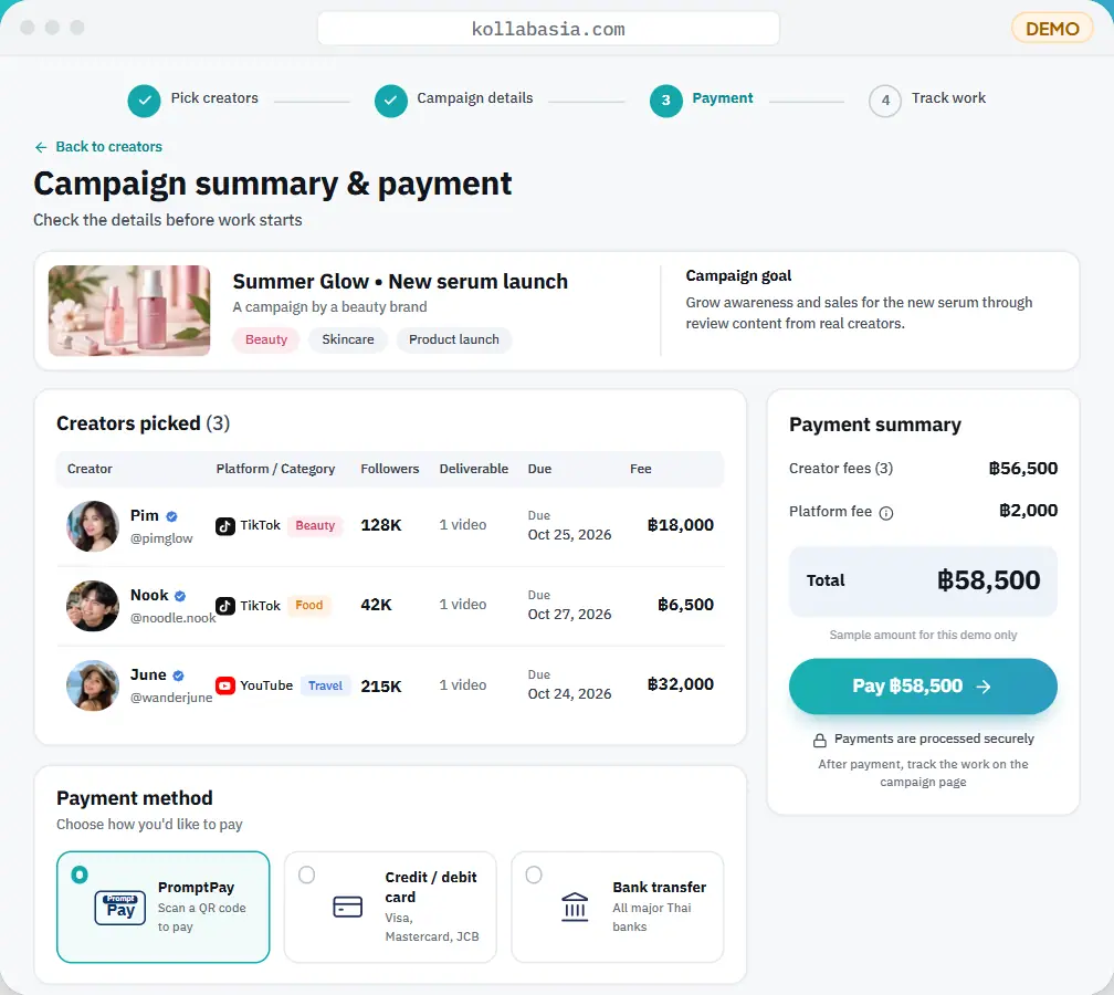 Summary and payment — The brief, each creator's fee and a clear total before you pay.